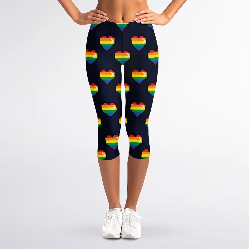 Rainbow Pixel 8-Bit LGBT Pride Heart Women's Capri Leggings