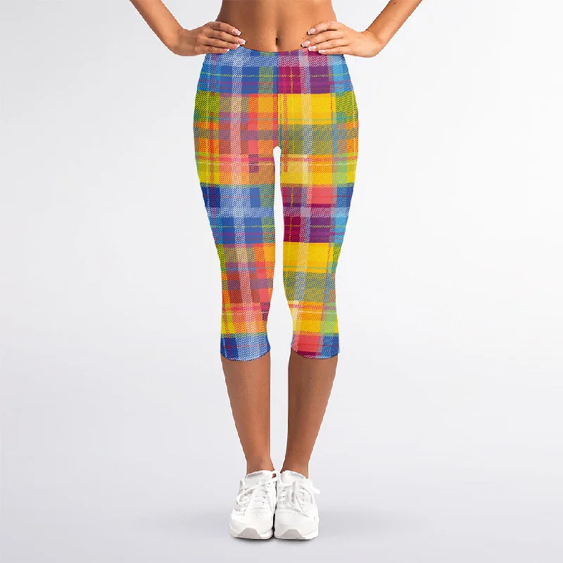 Rainbow Plaid Pattern Print Women's Capri Leggings