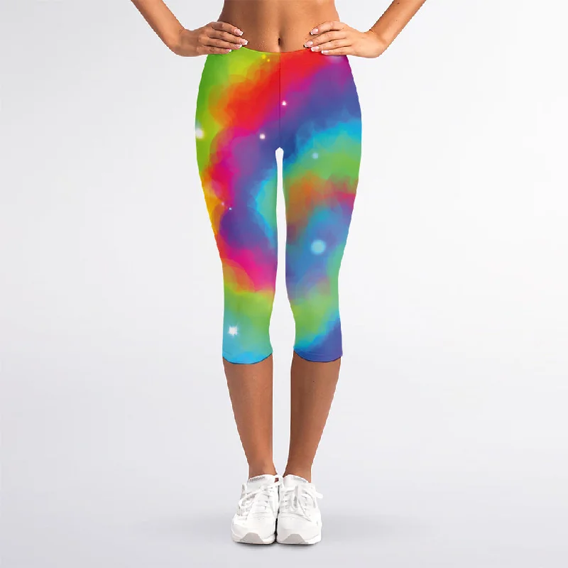 Rainbow Spiral Tie Dye Print Women's Capri Leggings