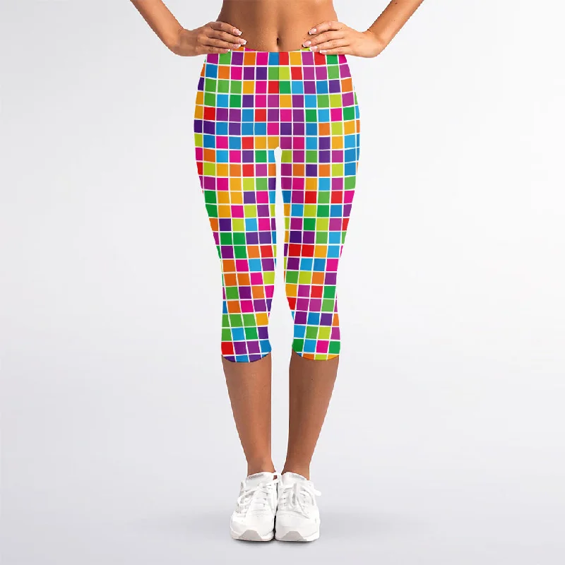 Rainbow Squares Pattern Print Women's Capri Leggings