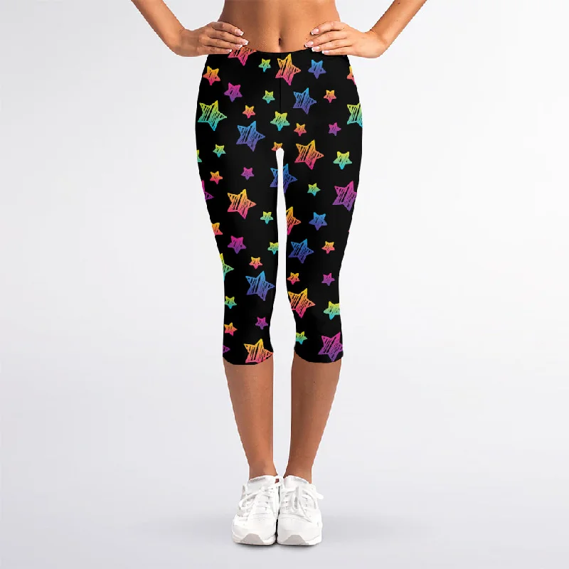 Rainbow Stars Pattern Print Women's Capri Leggings