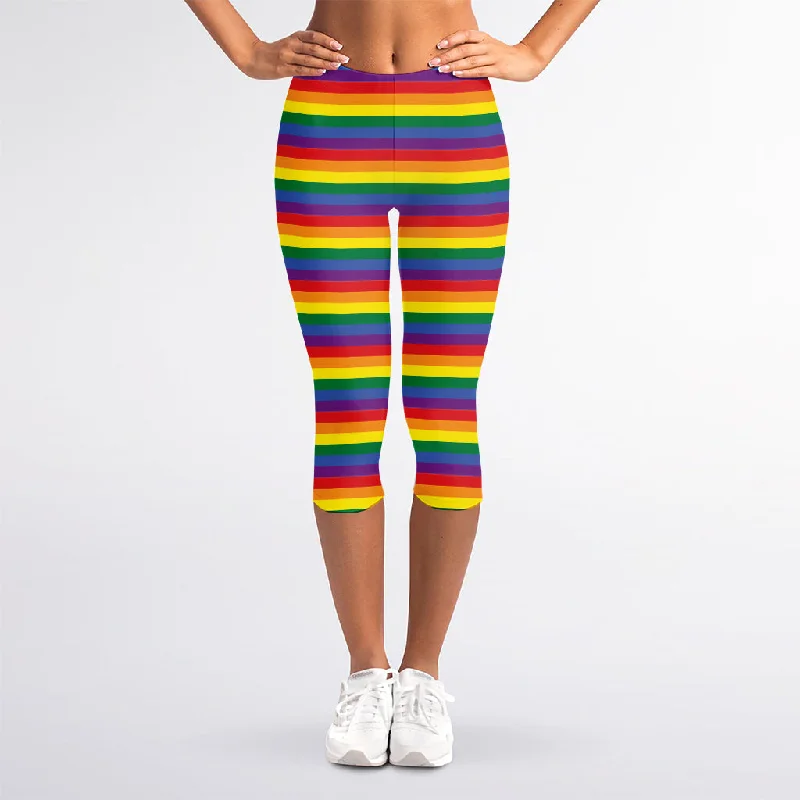 Rainbow Stripe Print Women's Capri Leggings