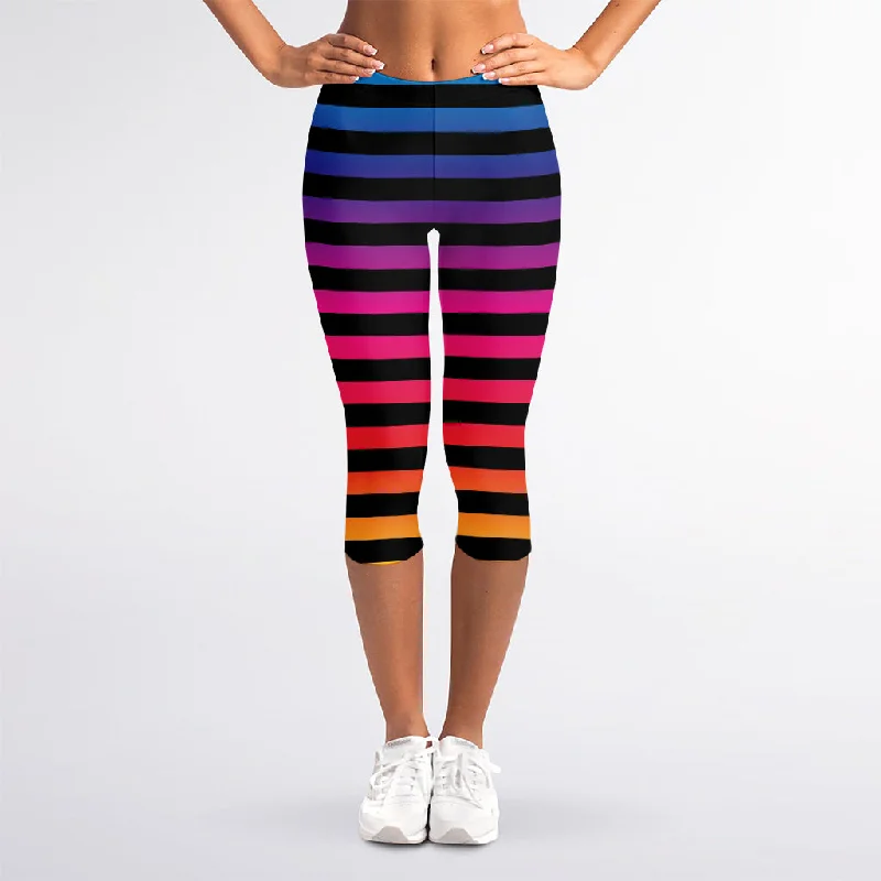 Rainbow Striped Pattern Print Women's Capri Leggings