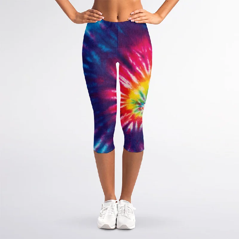 Rainbow Tie Dye Print Women's Capri Leggings