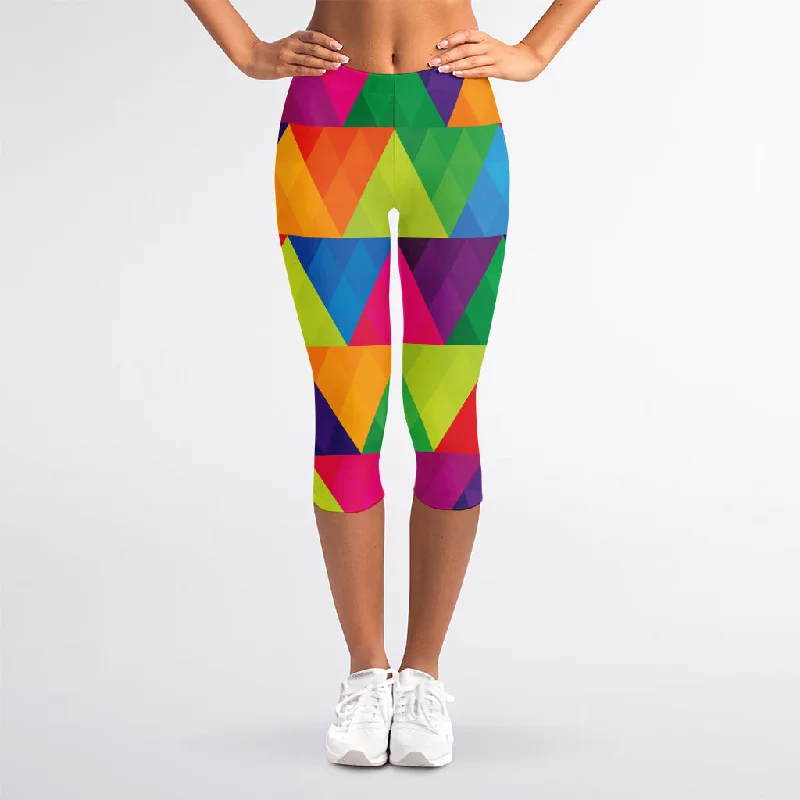 Rainbow Triangles Pattern Print Women's Capri Leggings