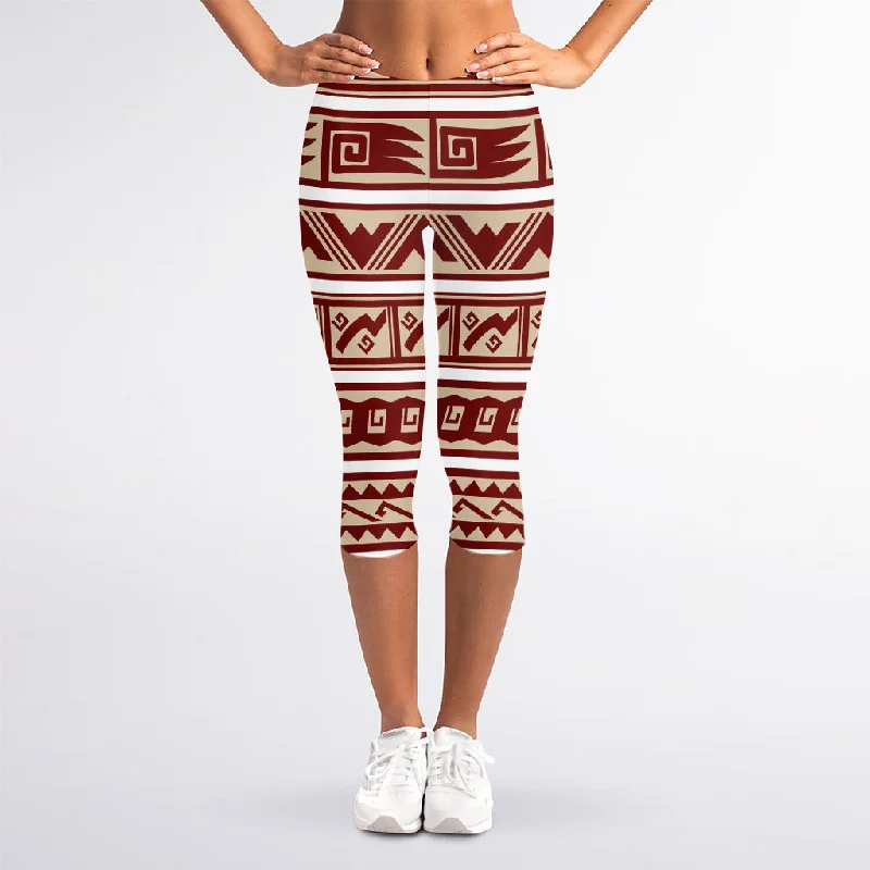 Red And Beige Southwestern Pattern Print Women's Capri Leggings