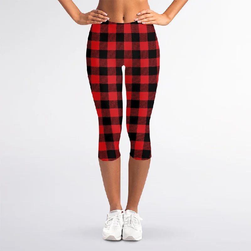 Red And Black Buffalo Check Print Women's Capri Leggings