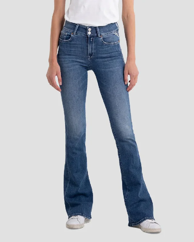 Replay Womens New Luz Flare Jeans - Medium Blue Comfortable Low-Rise Jeans