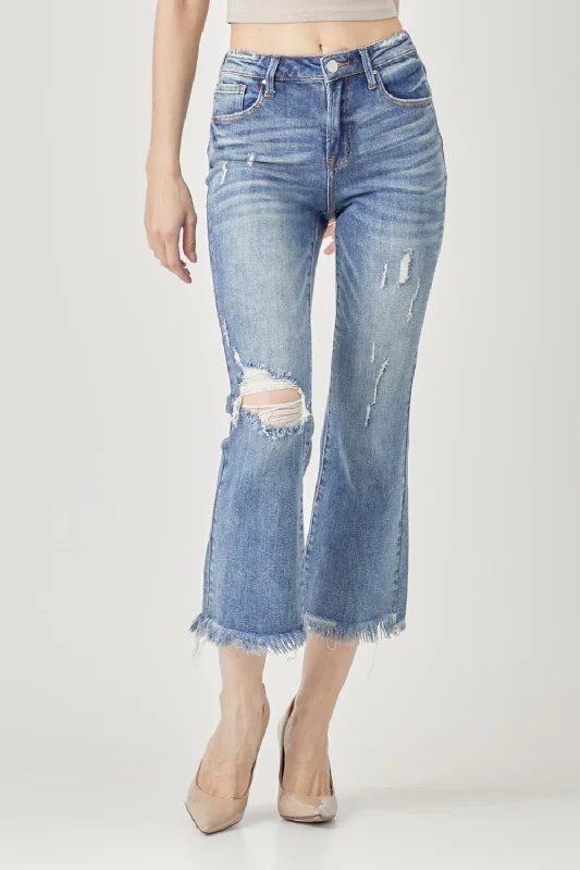 RISEN High Waist Distressed Cropped Bootcut Jeans Fashionable Frayed Hem Denim
