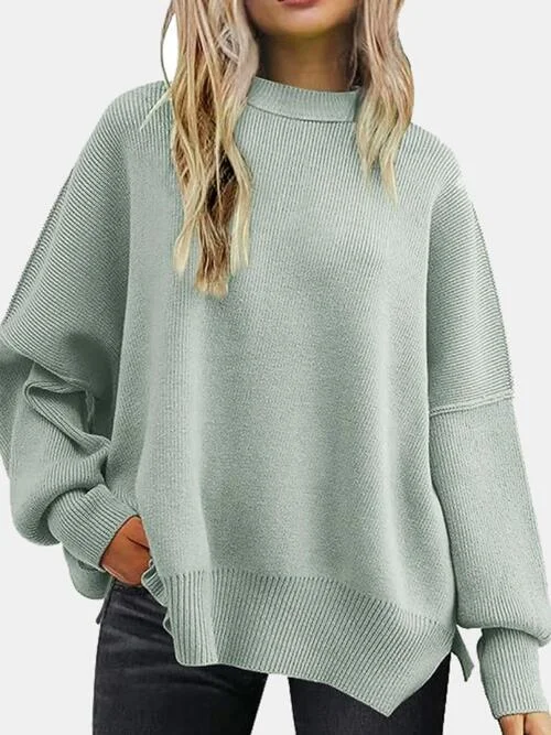 Round Neck Slit Drop Shoulder Sweater: Cozy and Stylish