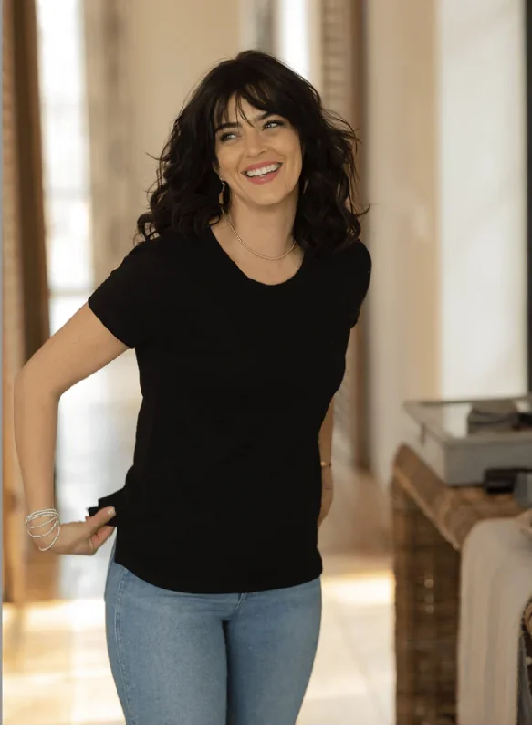 Short Sleeve Jeans Crew in Black Slub Comfortable Faded High-Rise Jeans