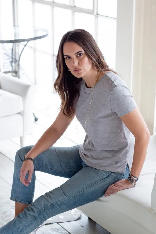 Short Sleeve Jeans Crew in Stone Gray Slub Fashionable Raw Hemmed Jeans