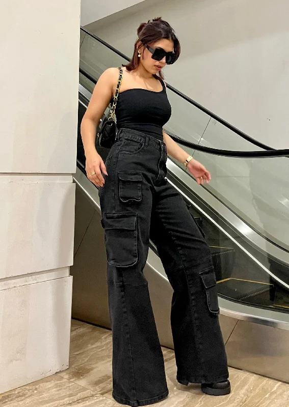 So Black Pocket Details High Waist Cargo Jeans Casual High-Waisted Bootcut Jeans
