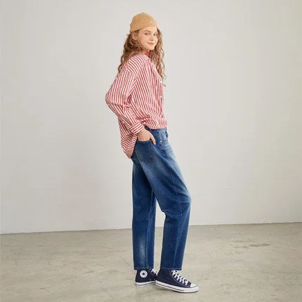 STELLABLU-Women's retro washed casual jeans tapered adjustable waistband nine-quarter jeans Trendy Skinny Fit Jeans
