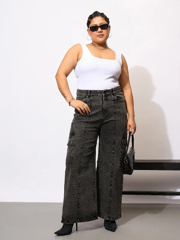 Women Black Denim Acid Wash Flap Pocket Cargo Jeans Elegant Dark-Wash Bootcut Jeans