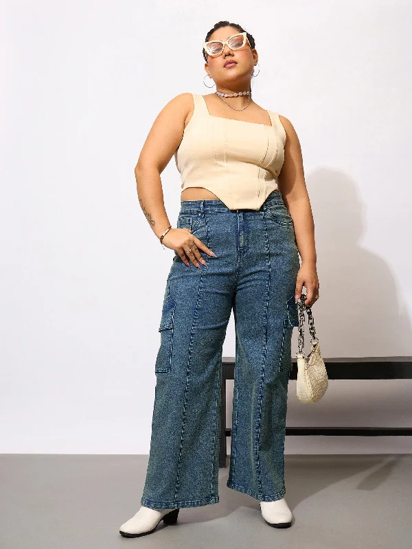 Women Blue Denim Acid Wash Flap Pocket Cargo Jeans Stylish Plus Size Denim Jeans