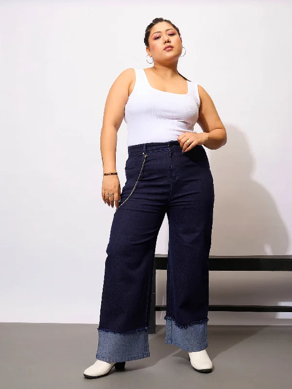 Women Navy Acid Wash Color Block Straight Jeans Trendy Colored Denim Jeans