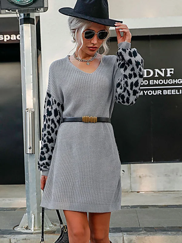 Women’s Loose Relax Leopard Sleeve Print Sweater Dresses