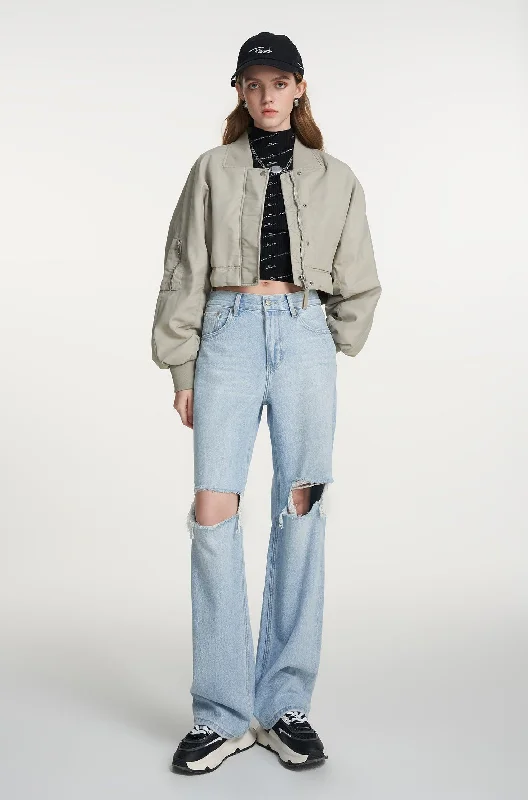 WR-Women's broken jeans straight loose skinny high denim long pants fall new Elegant Dark-Wash Bootcut Jeans