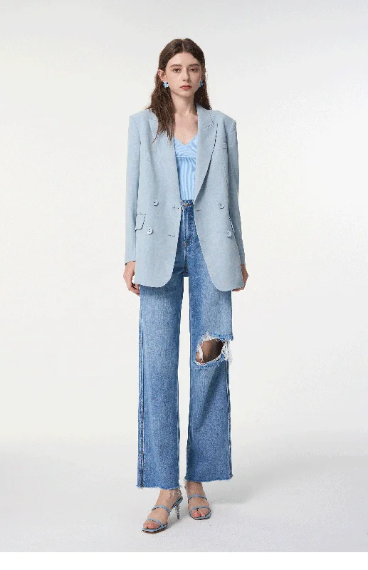 WR-Women's hole-breaking jeans loose thin high-waisted fur-trimmed wide-legged pants washed open fork dragging pants new Comfortable Ankle Jeans