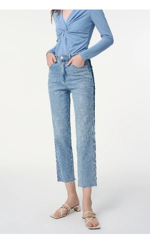 WR-Women's straight jeans loose skinny high collision color splicing high waist fur trim nine-point pants Stylish Acid-Wash Jeans