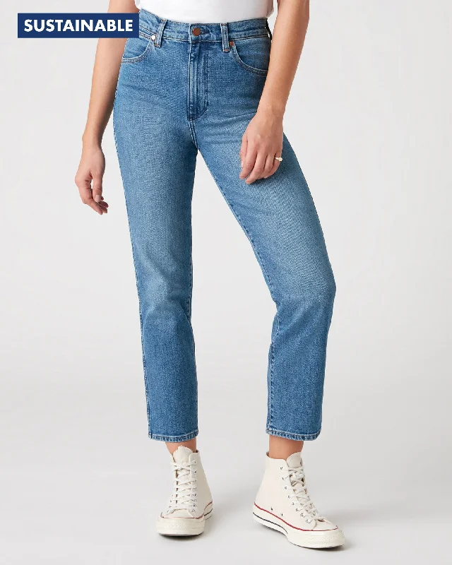 Wrangler Womens Wild West High Rise Straight Cropped Jeans - Mid Blue Chic Rip-Detail High-Waist Jeans