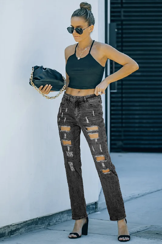 Mid-Rise Distressed Black Denim Jeans