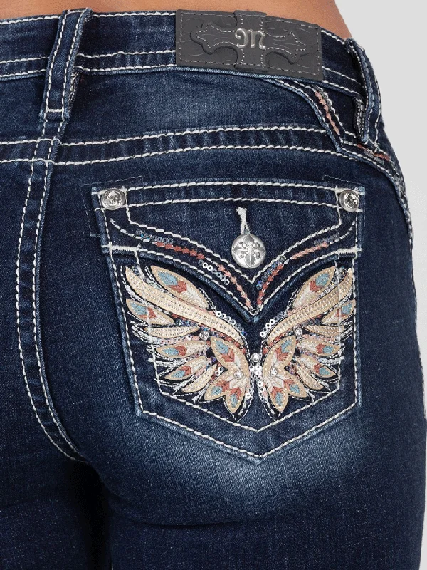 Miss Me M3080B53 Womens Mid-Rise Embroidered Wing Bootcut Jeans Dark Blue