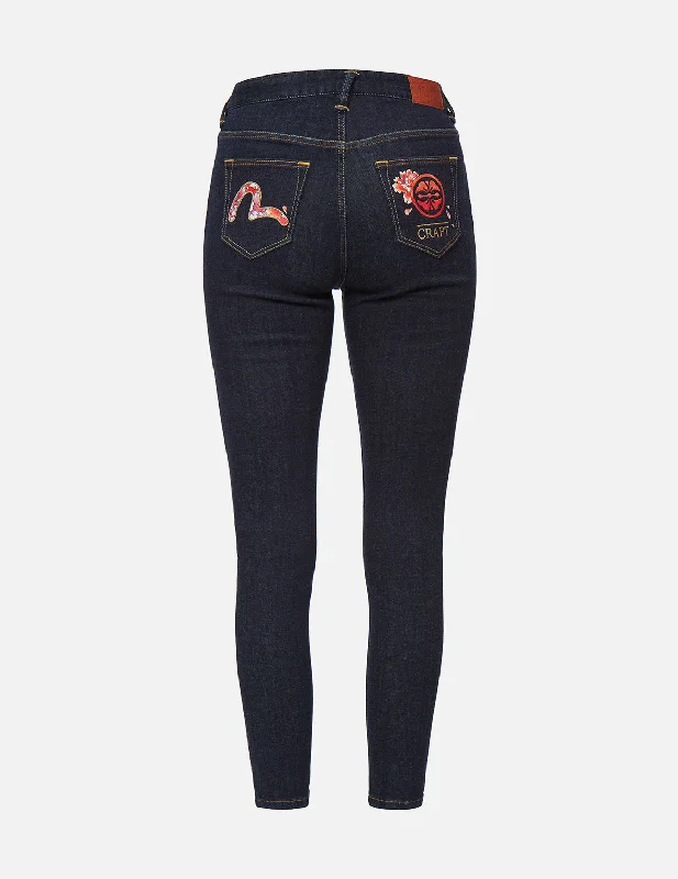 Peony-pattern Seagull and Kamon Embroidery Skinny Jeans