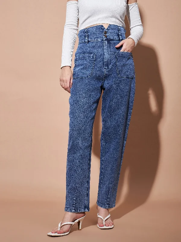 Women Blue High PaperBagWaist Baggy Jeans