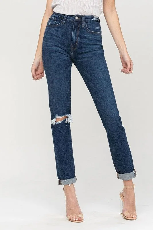 VERVET Distressed Roll Up Stretch Mom Jeans