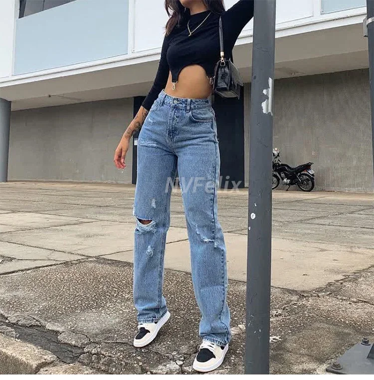 Women High Waist Ripped Jeans