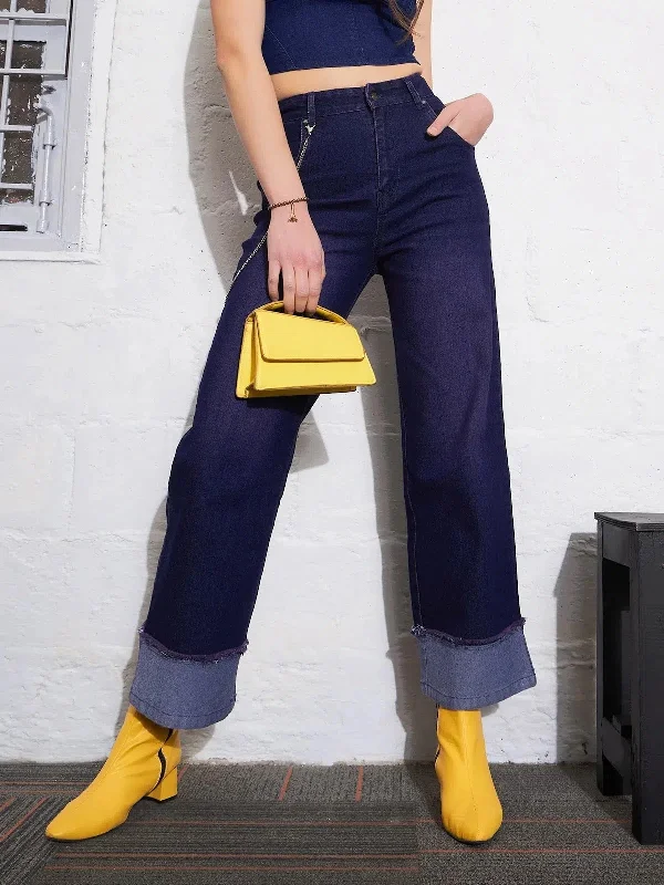 Women Navy Color Block Chain Detail Streetstyle Jeans